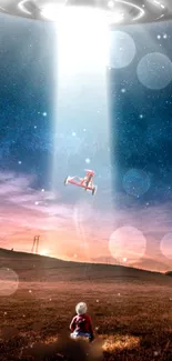 Child observing a UFO with toy plane in a cosmic landscape.