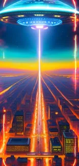 Futuristic cityscape with UFO and vibrant colors.