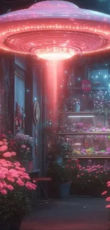 UFO hovering over a flower shop at night.