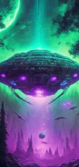 Vibrant UFO hovering in a cosmic, colorful night sky with neon green and purple hues.