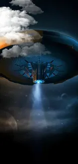 Futuristic UFO hovering with clouds and light beam in a dark sky.