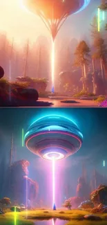 Futuristic forest with UFO beaming vibrant light.