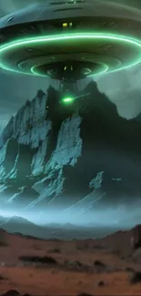 UFO hovering above mountainous terrain in a futuristic scene.