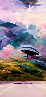 Futuristic UFOs hovering in colorful landscape.