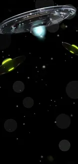 Futuristic UFOs cruising in space with a starry background.