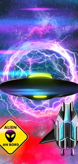 Futuristic UFO with portal and spaceship in cosmic space.