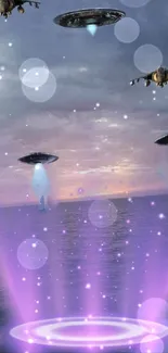 Futuristic UFOs over ocean with purple light beams and aircraft in night sky.