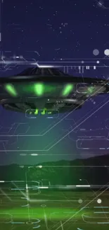 Futuristic UFO with neon green lights.