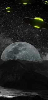 Wallpaper with UFOs and moonlit night sky.