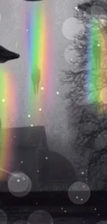 UFOs emitting rainbow beams in a dark forest.