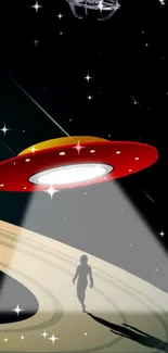 Futuristic UFO scene with silhouette under a starry sky.