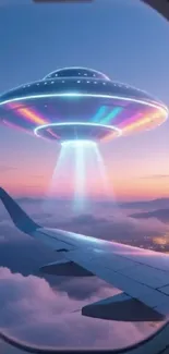 UFO seen from airplane window at sunset.