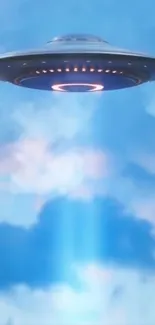 Futuristic UFO flying in a blue sky.