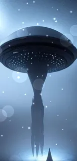 Futuristic UFO spaceship with ethereal blue-gray lighting.