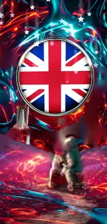 Futuristic space scene with UK flag and astronaut in vibrant colors.