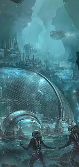 Futuristic underwater city with explorers and domed buildings.