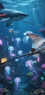 Futuristic underwater city with neon-lit marine life.