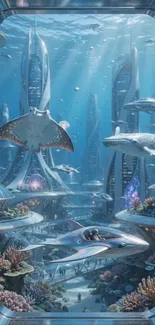 Futuristic underwater city with marine life and technology.