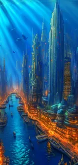 Futuristic underwater cityscape with neon lights and skyscrapers.