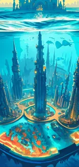 Futuristic underwater cityscape with glowing towers and ocean background.