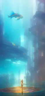 Futuristic underwater city with vibrant marine life.