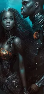 Fantasy underwater scene with armor-clad figures.