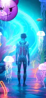 Futuristic neon underwater scene with humanoid figure.