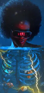 Futuristic woman underwater with neon skeleton in vibrant hues.