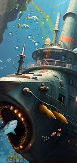 Futuristic submarine underwater in vibrant ocean scene with fish.