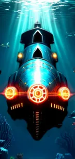 Futuristic submarine artwork glides through vibrant underwater scene.