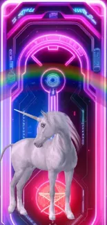 Unicorn with neon and rainbow effects in a futuristic wallpaper.