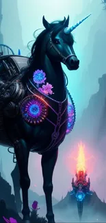 Neon unicorn in a futuristic fantasy landscape with glowing elements.