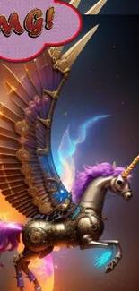 Steampunk unicorn with vibrant wings and a striking design on a mobile wallpaper.