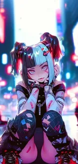 Anime character in a neon-lit urban street.