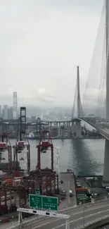 A modern bridge overlooking a city skyline and port with cranes.