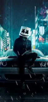 Futuristic urban night scene with car and mysterious figure.