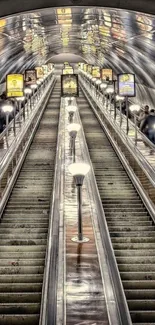 Futuristic escalator view with bright lights and urban setting.