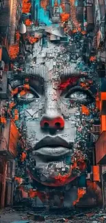 Futuristic urban face art with orange and teal.