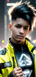 Youthful urban fashion portrait with a yellow jacket in a modern cityscape.