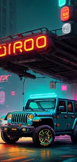 Jeep under neon lights in a futuristic cityscape at night.