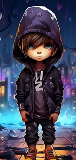 Futuristic kid in a neon-lit cityscape with a hooded jacket and bright sneakers.