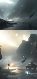 Futuristic urban cityscape with misty streets and dramatic lighting.