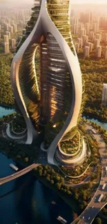 Futuristic tower amidst a lush urban landscape with rivers and greenery.