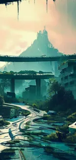 Lush futuristic urban landscape with nature overtaking city structures.