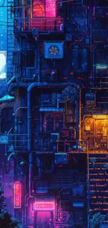 Colorful cyberpunk cityscape with neon lights and urban architecture.