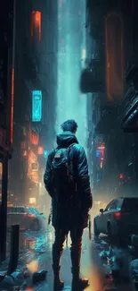 Futuristic urban scene with neon lights and solitary figure in rain-soaked alley.