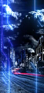 Dark urban nightscape with glowing blue elements and light trails.