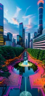 Futuristic cityscape with neon lights and skyscrapers under a vivid blue sky.