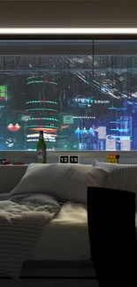 City view through window with neon lights and bed.