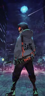 Vibrant anime-inspired urban ninja under a mystical night sky.